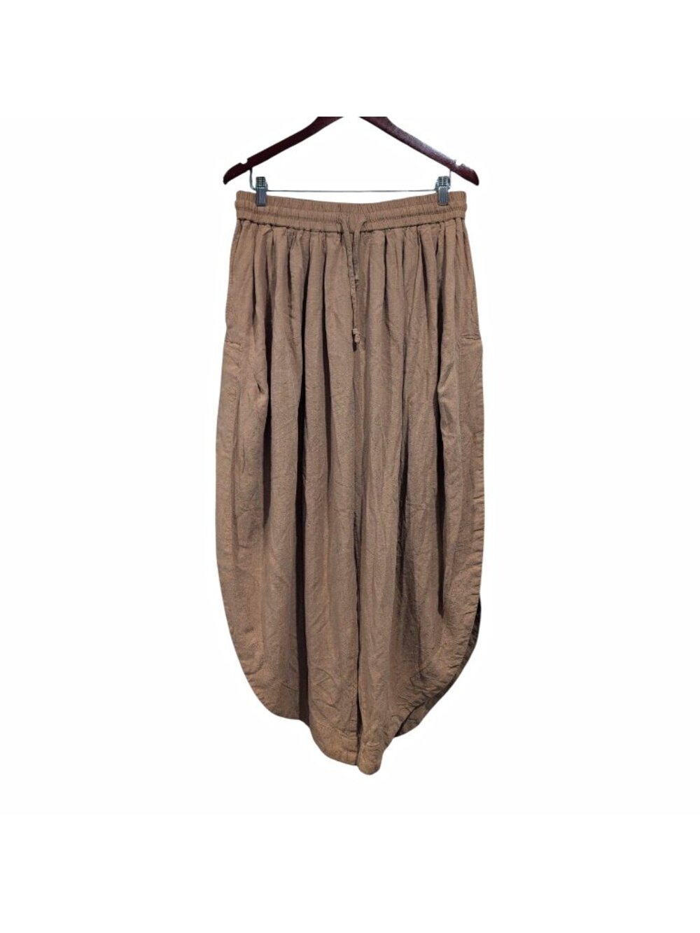 TARSE Womens Beige Linen Rayon Baggy Harem Balloon Pants Pockets Side Slit Sz L